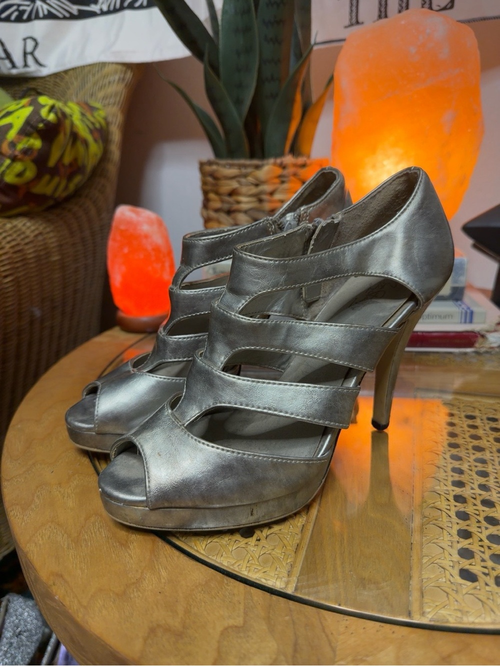City Streets Size 7 Metallic Silver Strappy Platform Stiletto Heels Y2K